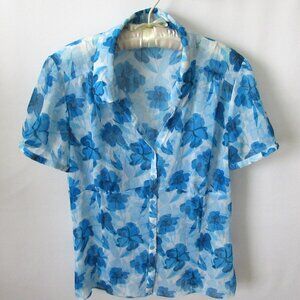 Christopher & Banks blue floral poly sheer short slv button front blouse *Sz L*